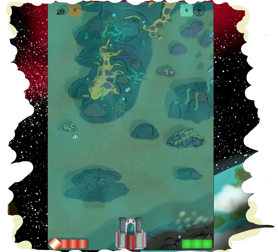 Captura de pantalla da sexta misión do videoxogo AIRIESS. Está ambientada a sobre un oceano somero a baixa altura, polo que os elementos proxectan sombra no chan. Creei un efecto estilo auga. Galiviart Galicia descarga gratuita