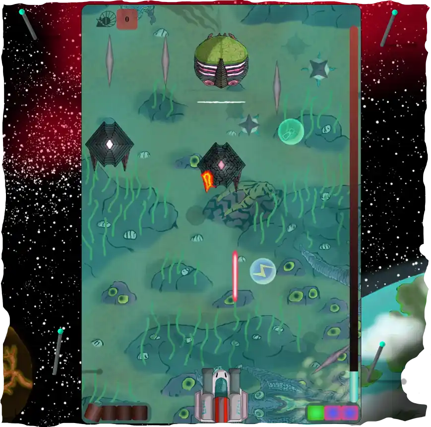 Captura de pantalla da sexta misión do videoxogo AIRIESS. Pódese apreciar o xefe da misión, que posúe novas mecánicas, como o raio paralizador