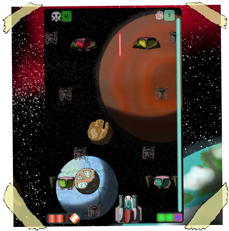 Captura de pantalla del segundo nivel. Tiene un fondo espacial con efecto parallax, dos tipos de enemigos y asteroides. Galiviart