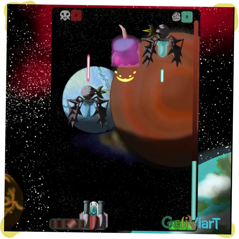 Captura de pantalla del jefe del segundo nivel. Tiene dos módulos laterales y uno central. Dispara láseres y un rayo mortal. Galiviart