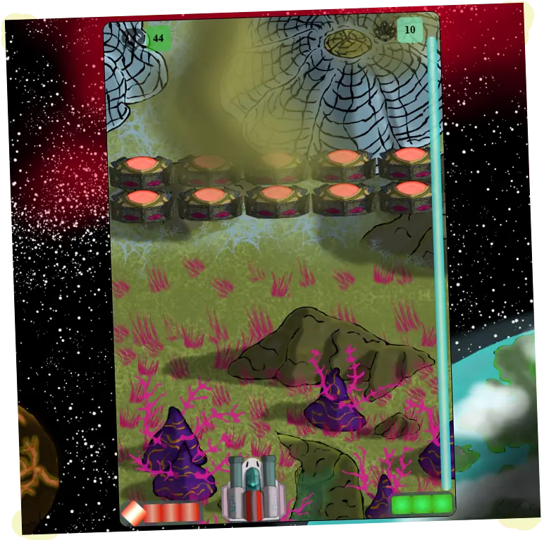 Captura de pantalla de la misión 3. Se aprecia el fondo para ambientar el planeta Vilena, nubes y los ploxloids como nuevos enemigos. Galiviart